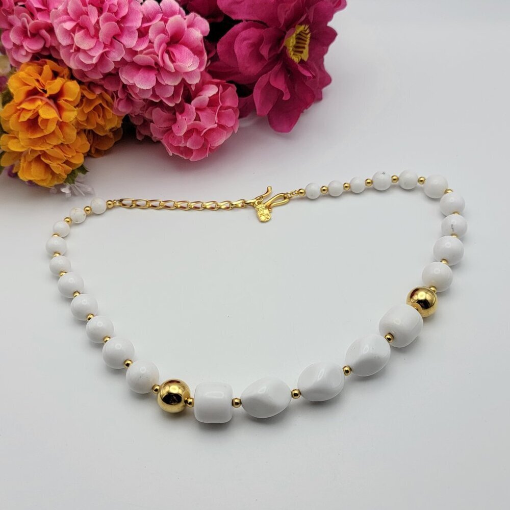 Vintage Liz Claiborne Gold Plated White Beaded Necklace 20.5" Adj. Hook Clasp